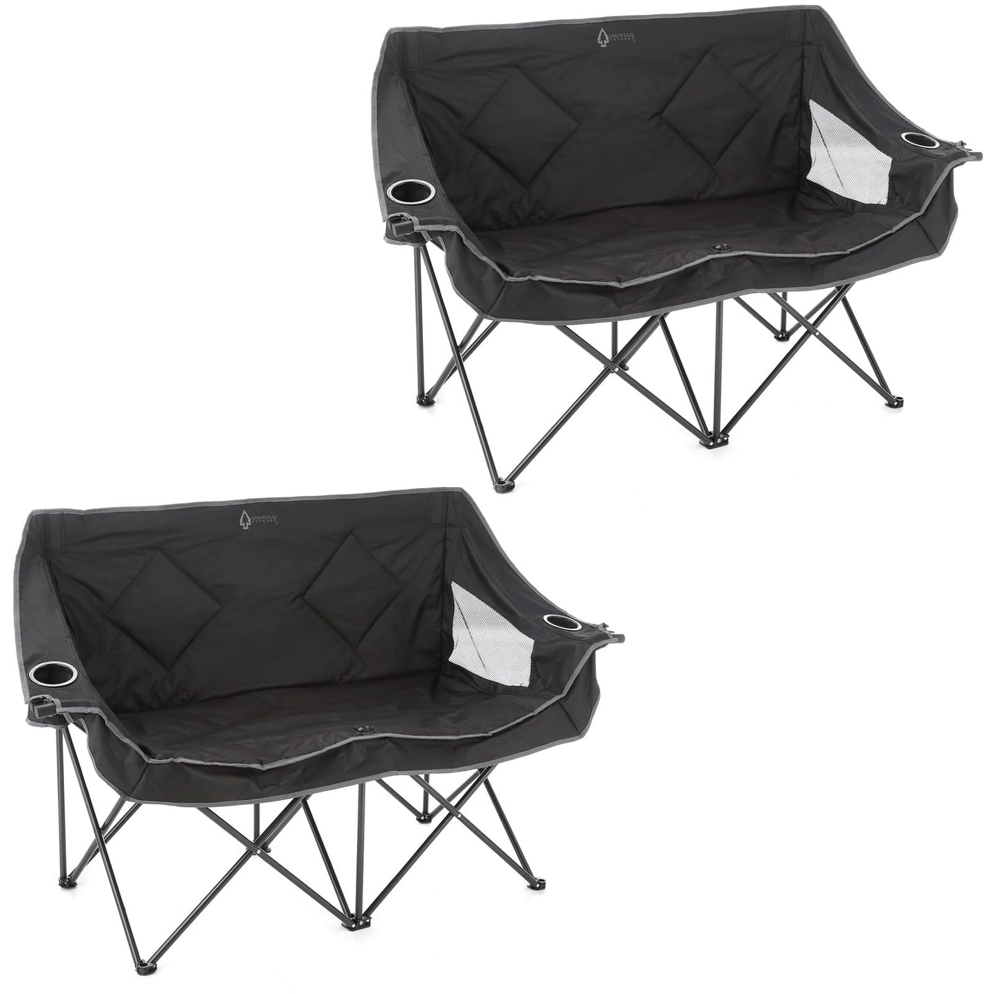 ARROWHEAD OUTDOOR 2-Pack Portable Folding Camp Loveseat Chair w/Glass & Cup Holders, Heavy Duty Carry Bag, 650 lbs Weight Capacity