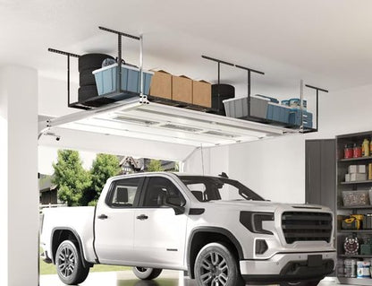 FLEXIMOUNTS 4x6 Overhead Garage Storage Rack - Adjustable Ceiling Design | 450lbs Capacity, Black