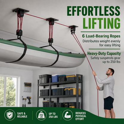 TRUSOON 2026 Heavy Duty Elite Canoe Hoist for Garage Ceiling, Kayak Storage Lift Pulley System with Safety Straps for Rooftop Tent, Holds up to 250 lbs Capacity, Fits 10-18 Foot Ceilings, Black