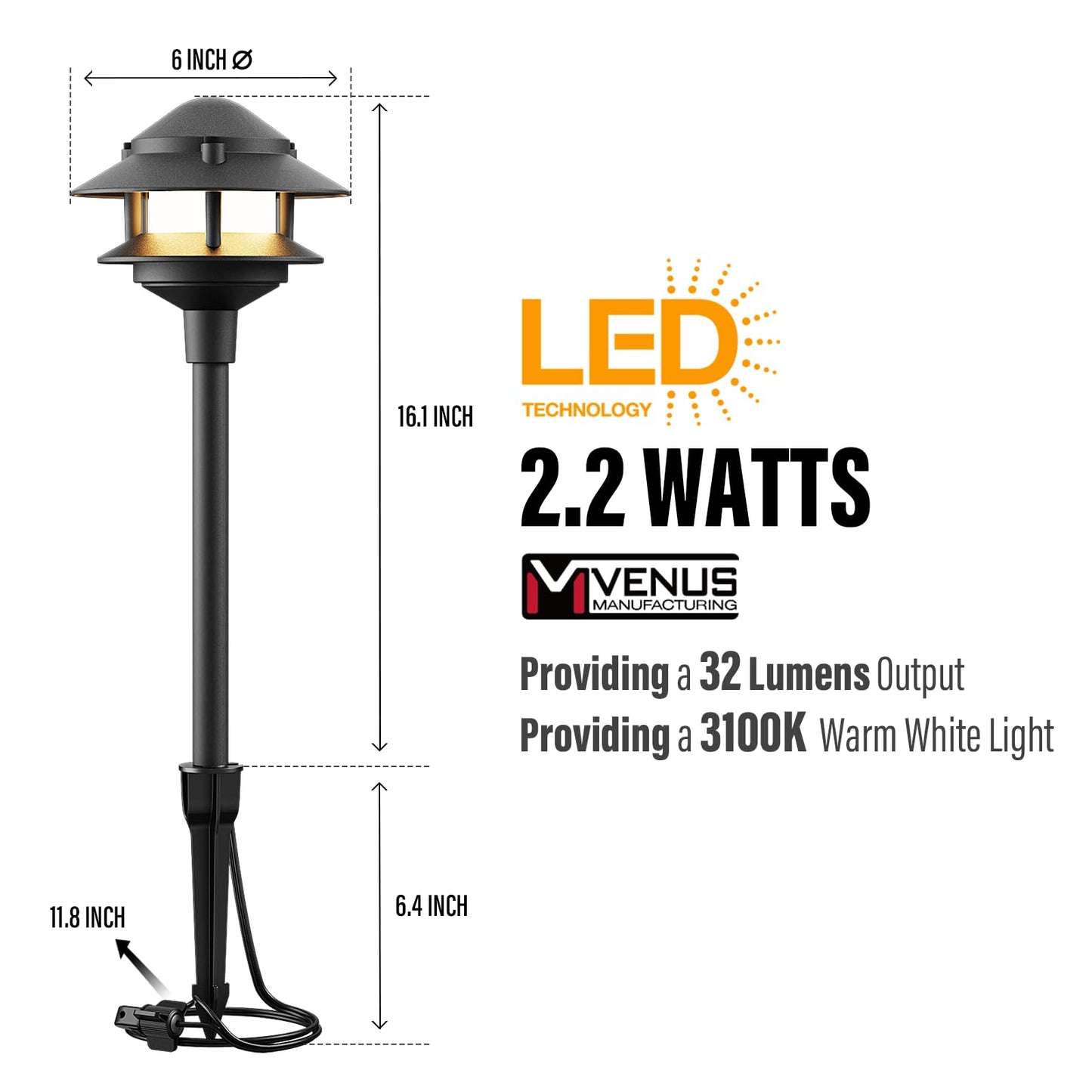 VENUS MANUFACTURING 12V Low Voltage Landscape Path Lights, 4-Pack 2.2W LED 2-Tier Tiered Path Lights (3100K Warm White) Landscape Lighting, Die-Cast Metal Housing with Stake, IP65 Weatherproof, Black