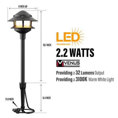 VENUS MANUFACTURING 12V Low Voltage Landscape Path Lights, 4-Pack 2.2W LED 2-Tier Tiered Path Lights (3100K Warm White) Landscape Lighting, Die-Cast Metal Housing with Stake, IP65 Weatherproof, Black