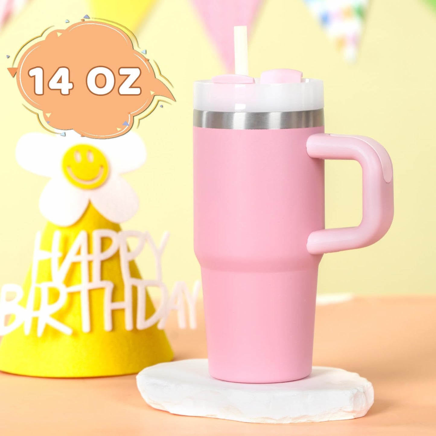 Cosictic 14 Oz Tumbler with Handle and Straw for Kids, Stainless Steel Double Wall Vacuum Insulated Cup for Children, 14 Oz Cups for Kids (Sky Blue, Pink)