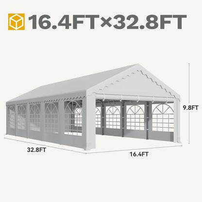 DWVO 16x32FT White Wedding Event Tents Pavilion, White Heavy-Duty Canopy with Enhanced Galvanized Ripple Frame, Spacious Roof, Detachable Side Panels, and 2 Handy 600D Oxford Storage Pouches