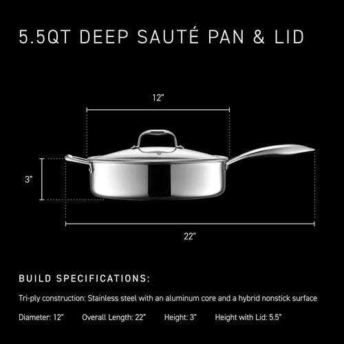HexClad Hybrid Nonstick 5.5-Quart Deep Sauté Pan - Tempered Glass Lid, Stay-Cool Handle, Oven-Safe to 900°F