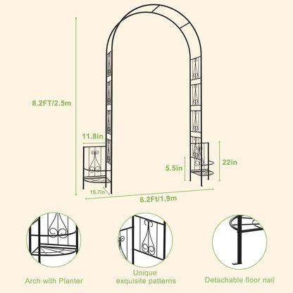 OUSHENG 8FT Metal Garden Arch Trellis with Planter Boxes for Climbing Plants Outdoor, Heavy-Duty Wedding Arch Backdrop Stand for Ceremony, Party, and Garden Decorations, Rust-Resistant Black Pergola