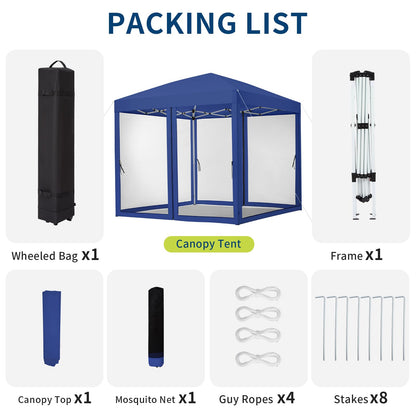 GarveeLife 8 ft x8 ft Instant Pop-Up Canopy Tent with Removable Mosquito Netting & 2 Zipper Doors, Portable Outdoor Shelter for Camping, Backyard, Picnic - Includes Wheeled Carry Bag (Blue)