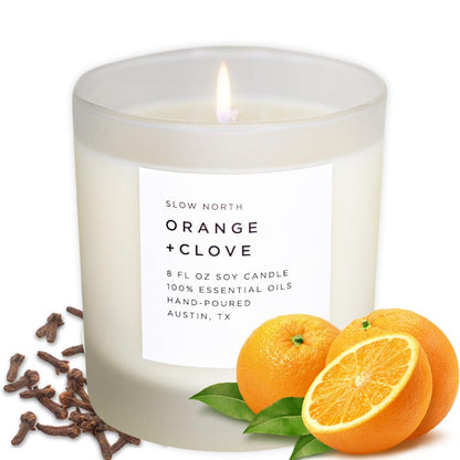 Slow North Orange + Clove Candle - Essential Oils and Pure Soy Wax Candle in a Reusable Frosted Glass Jar - A Unique and Mindful Scented Candle Hand-Poured in the USA (8 oz)