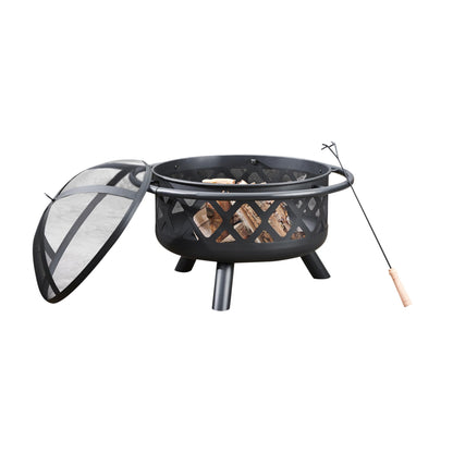 Teamson Home Round Steel Outdoor Fire Pit Outside Wood Burning Firepit Bonfire with Firebowl, Poker, Mesh Screen for Patio Garden Backyard BBQ, 30 Inch, Black