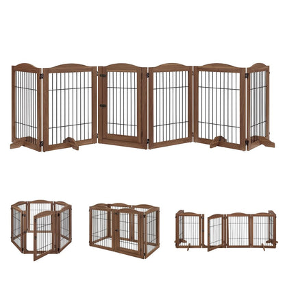 unipaws Pet Playpen with Wood and Wire, 6 Panels Extra Wide Freestanding Walk Through Dog Gate with 4 Support Feet, Foldable Stairs Barrier Pet Exercise Pen for Dogs Cats