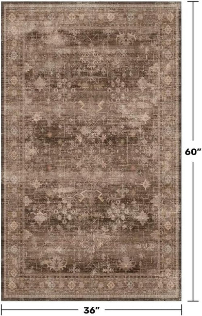 Boho Taupe Brown 3x5 Area Rug - Modern Vintage Washable Non-Slip Entryway Mat for Indoor Use