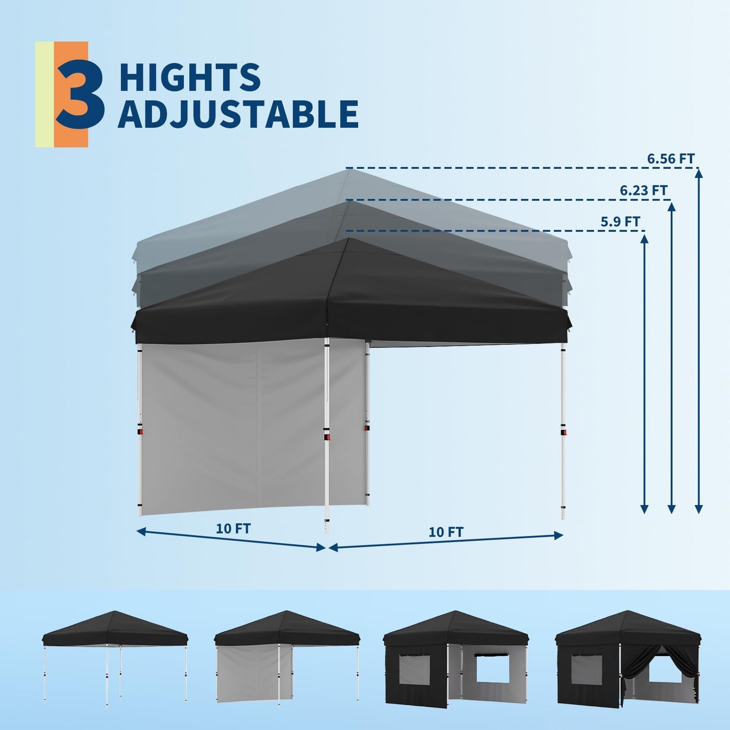 GarveeLife 10x10 Pop Up Canopy with One Sidewalls - Easy Up Camping Tent with One Button Push Setup - 1 Roller Bag, 3 Adjustable Height, 4 Weight Bags for Deck, Garden, Sports, Beach, Party - Black
