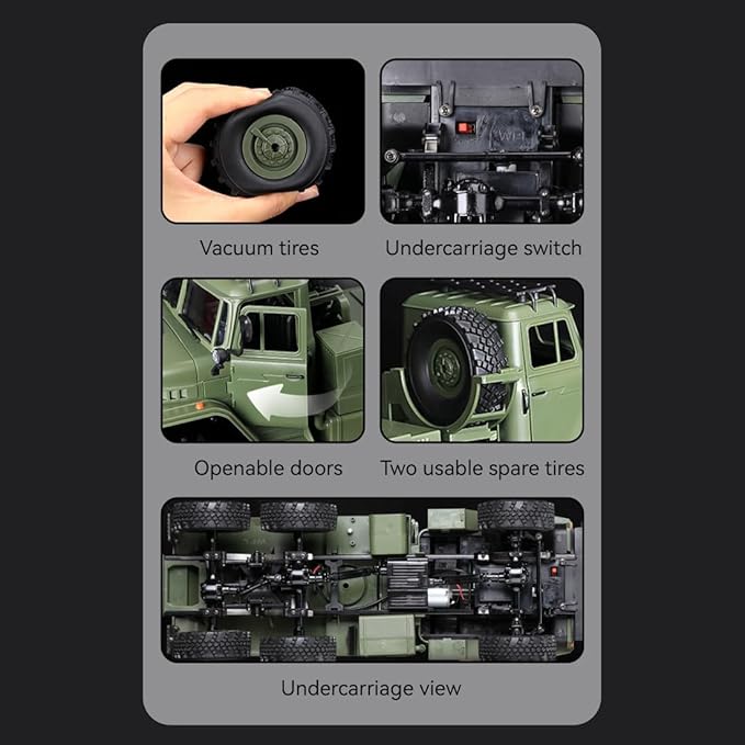 WPL B36-3 1/16 RC Military Trailer with LED Headlights 2.4G Full-Proportional 4WD RC Off-Road Truck Gifts for Electric Car Model Enthusiasts (Two Batteries)