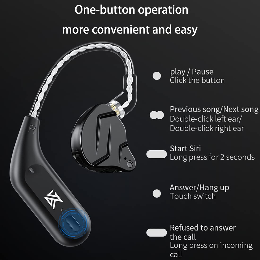 CCA KZ AZ09 IEM Bluetooth Adapter, Bluetooth 5.4 Module, Wireless Waterproof Ear Hook Extra, Long Battery Life Cable for KZ ZS10 PRO/X/2, ZSN Pro/X, AS16 PRO, Zax,ZAR, CRA/C12(C pin)