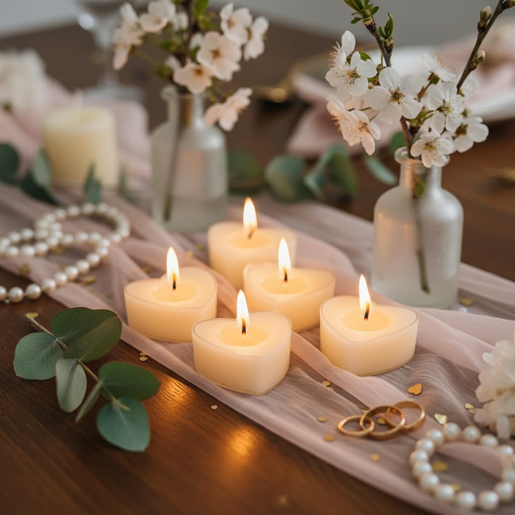 Tea Lights Ivory Heart Tea Candles Set of 24 – Tealight Candles with Jasmine Scent, Long Burning Handmade Tealights for Wedding Meditation Home Decor Gift