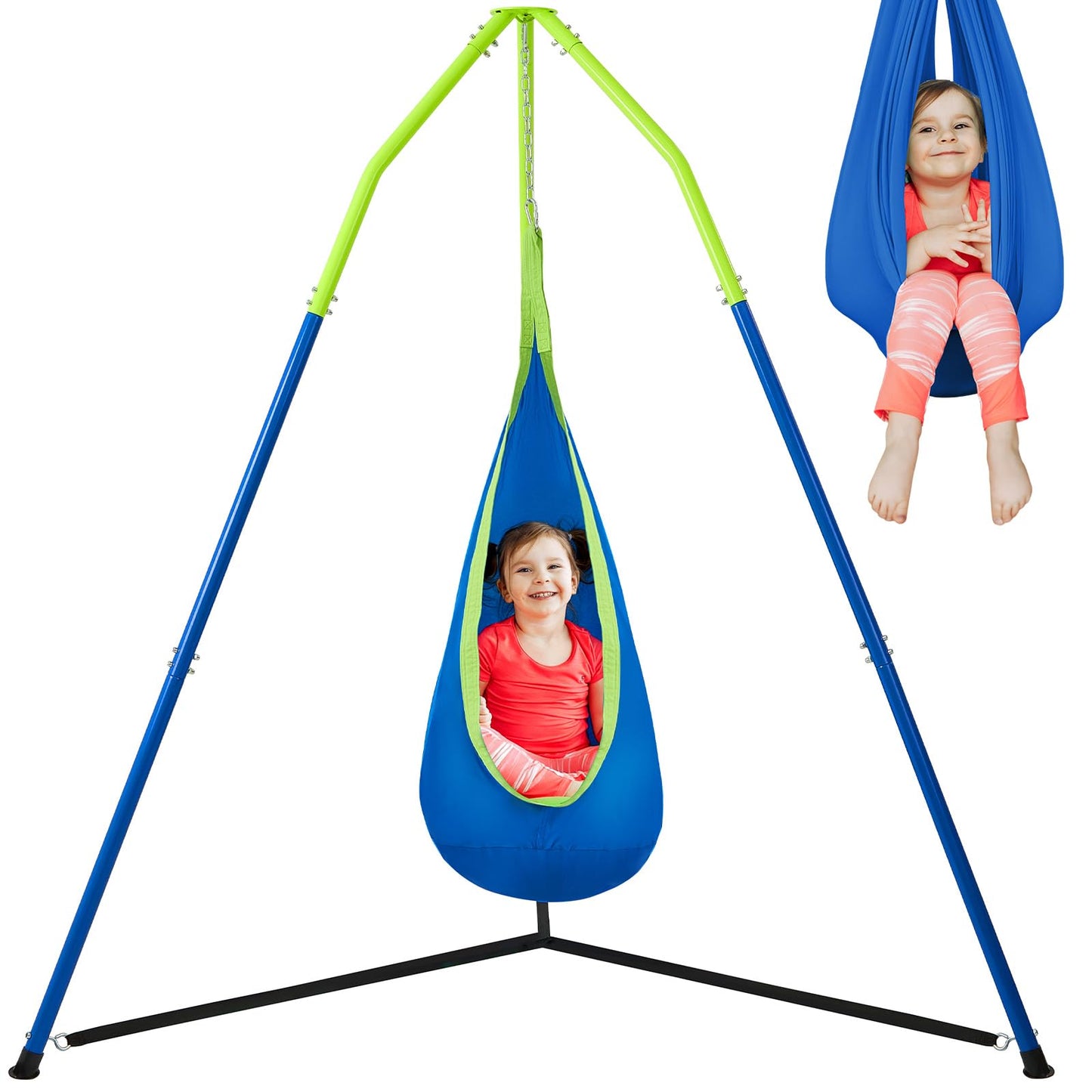 FUNLIO 2-in-1 Sensory Swing with Stand, Triangular Frame Swing Set with Sensory Swing & Pod Swing, Heavy Duty Steel Swing Stand for Kids, 240 lbs Capacity, Indoor & Outdoor, Height Adjustable Design