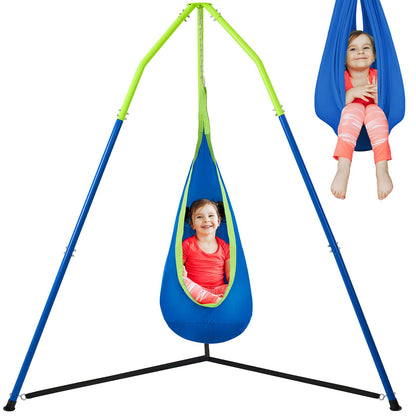 FUNLIO 2-in-1 Sensory Swing with Stand, Triangular Frame Swing Set with Sensory Swing & Pod Swing, Heavy Duty Steel Swing Stand for Kids, 240 lbs Capacity, Indoor & Outdoor, Height Adjustable Design