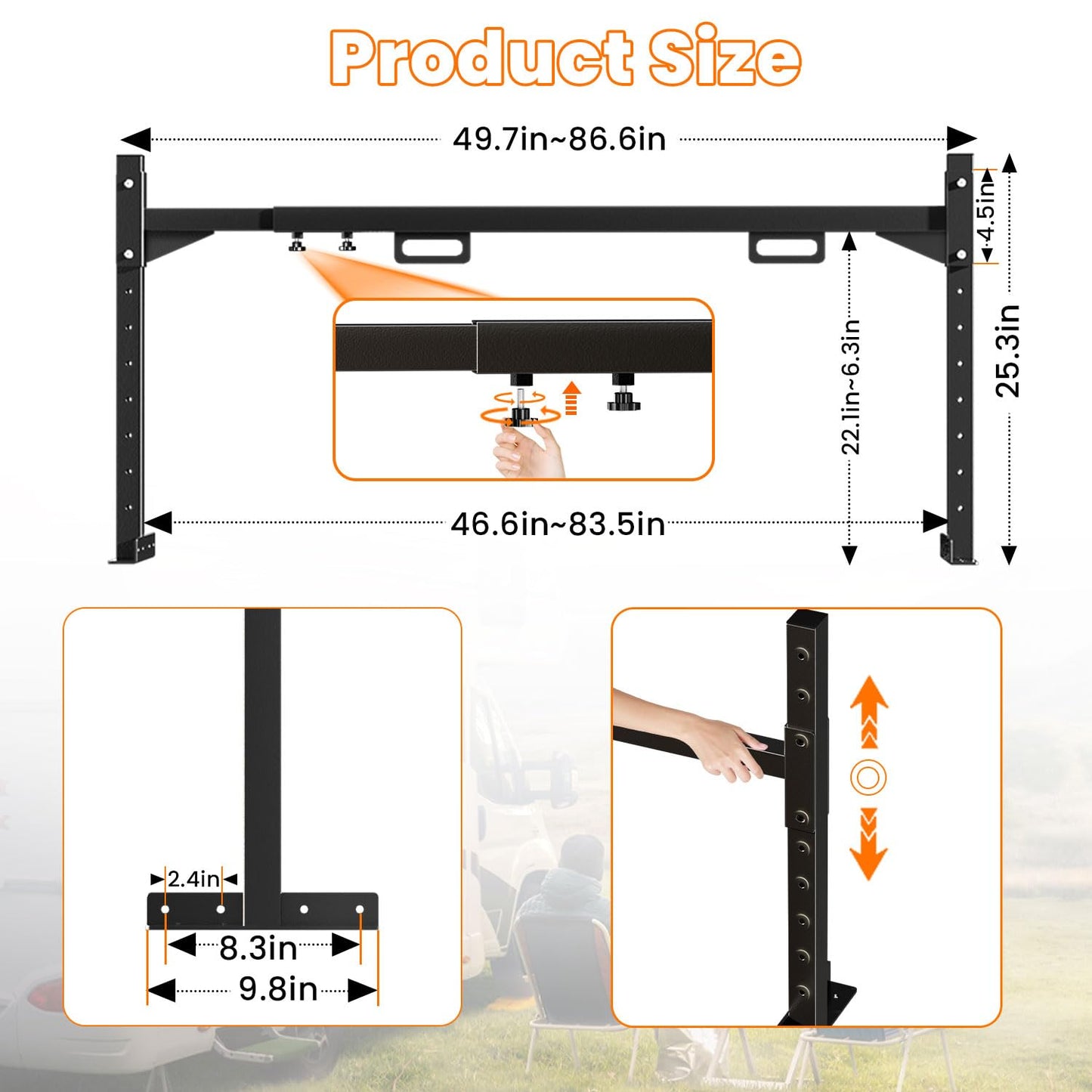Trailer Ladder Rack, 4.1'-7.2' Adjustable Heavy Duty Ladder Holder for Enclosed & Open Trailers, Black Ladder Rack with Secure Ladder Stopper for Transport