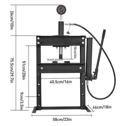 10 Ton Hydraulic Shop Press with Pressure Gauge & Plate, Heavy Duty H-Frame Benchtop Press with Height Adjustable Working Table for Auto Repair, Metalworking, Manufacturing, Black