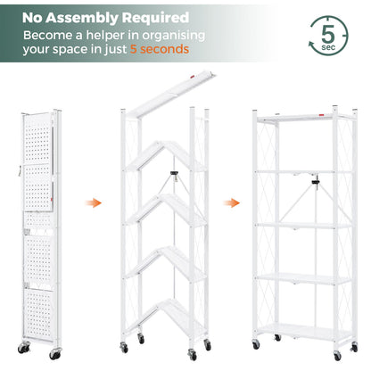 DEANIC 5-Shelf Folding Bookcase with Wheels, Heavy Duty Storage Shelves, Freestanding Metal Wire Shelving Unit for Living Room, Office, Kitchen, Basement, Pantry(White 2 Pack)