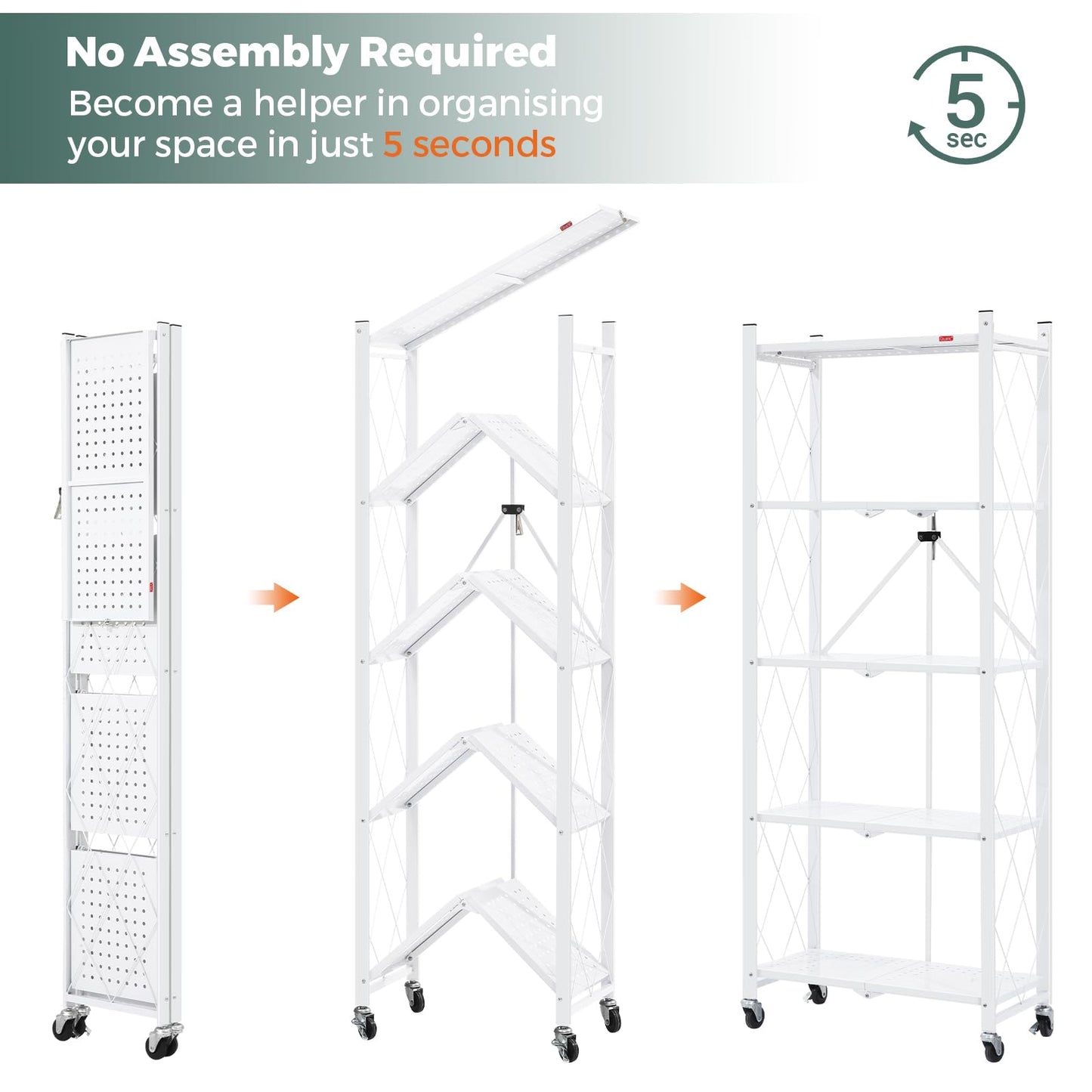 DEANIC 5-Shelf Folding Bookcase with Wheels, Heavy Duty Storage Shelves, Freestanding Metal Wire Shelving Unit for Living Room, Office, Kitchen, Basement, Pantry(White 2 Pack)