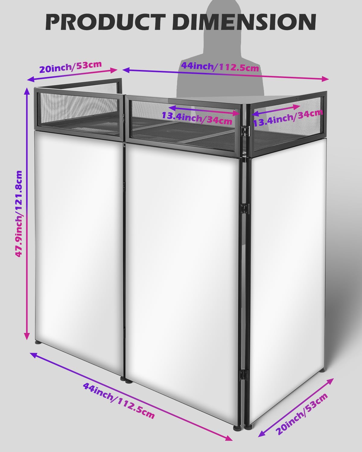 STRICH Portable DJ Facade Table Station, Foldable DJ Booth with Black & White Scrim, 44”X 20” Metal Frame Display Stand with Removable Triangle Shelf, Cable Hole and Carry Bag for Show, Party, Studio