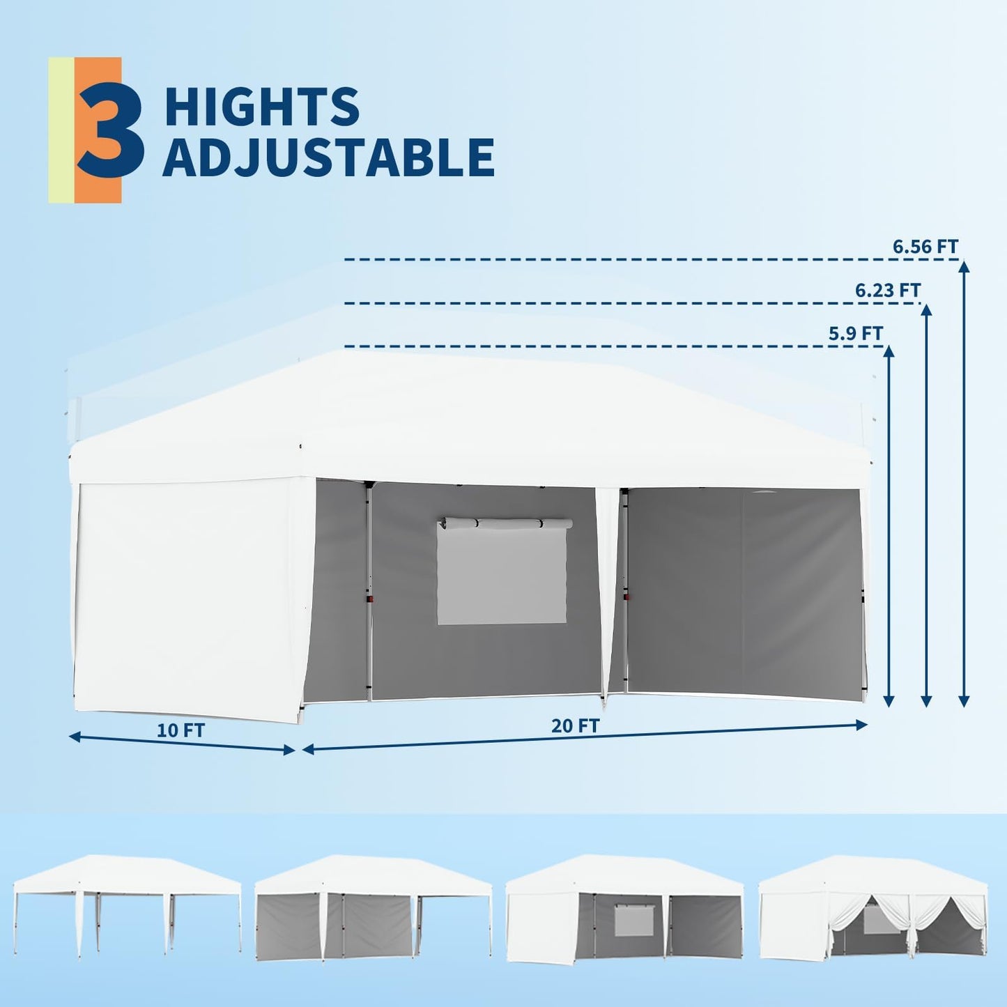 10x20 Pop Up Canopy Tent with 4 Sidewalls, Heavy Duty Outdoor Canopy UPF 50+ All Season Waterproof Commercial Street Vendors Party Tents with Roller Bag, 8 Stakes & 6 Sandbags, White