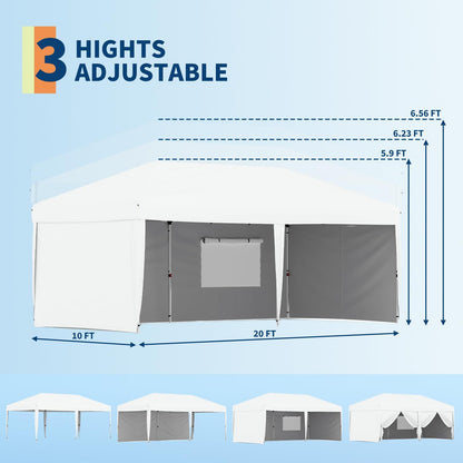 10x20Ft Pop Up Canopy Tent, One Push Setup Instant Beach Tent, Outdoor Canopy with 4 Sidewalls & Roller Bag, Includes Sandbags, Adjustable Height, Waterproof, Sun Shelter for Events, Camping, White