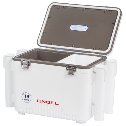 Engel UC19 19qt Leak-Proof, Air Tight, Fishing Drybox Cooler with Built-in Fishing Rod Holders, Also Makes the Perfect Small Hard Shell Lunchbox for Men and Women in White