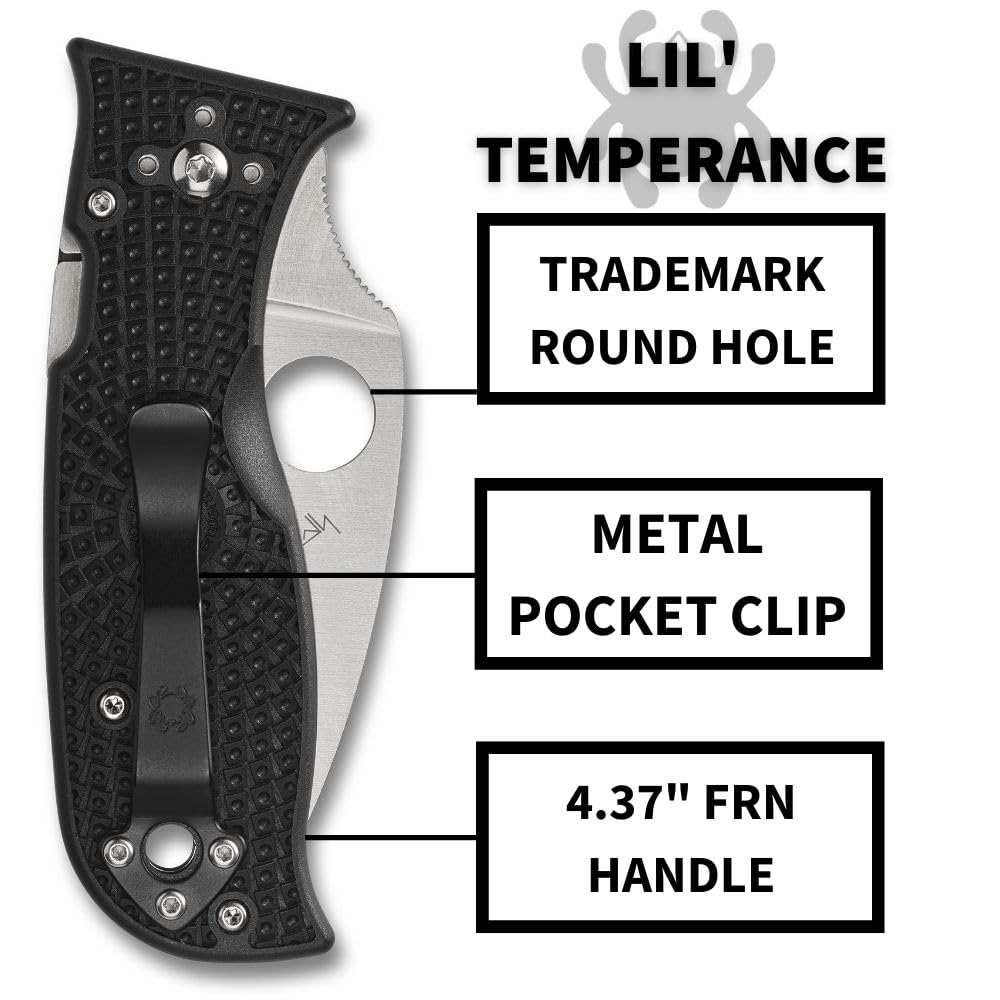 Spyderco Lil' Temperance 3 Lightweight Folding Pocket Knife with 2.9" VG-10 Steel Blade and FRN Handle - EDC Knife for Men and Women, Perfect for Hunting, Tactical, Camping - PlainEdge - C69PBK3
