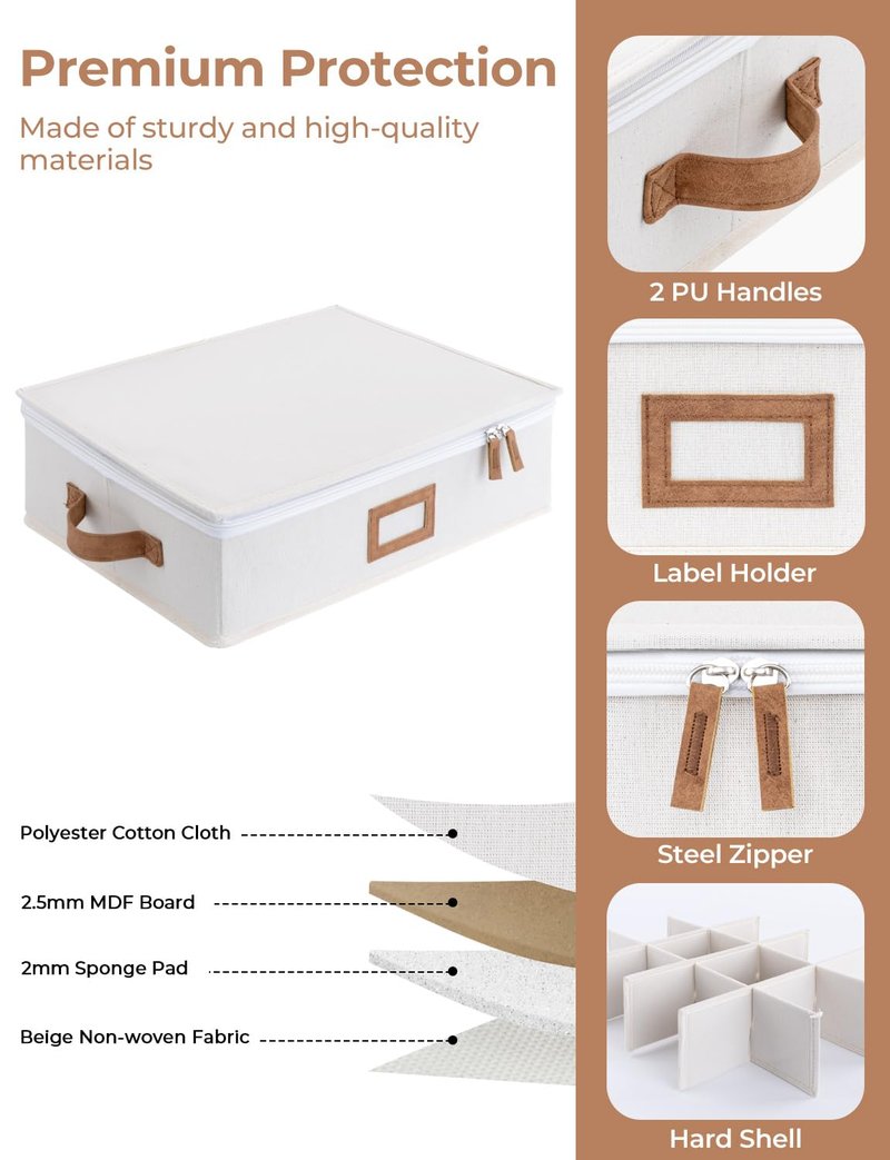 StorageWorks China Storage Container, Stackable Mug Storage Box with Dividers, Stemware Storage Cases, Hard Shell China Cup Organizer, Holds 12 Tea Cups and Coffee Mug, 1 Pack, Beige