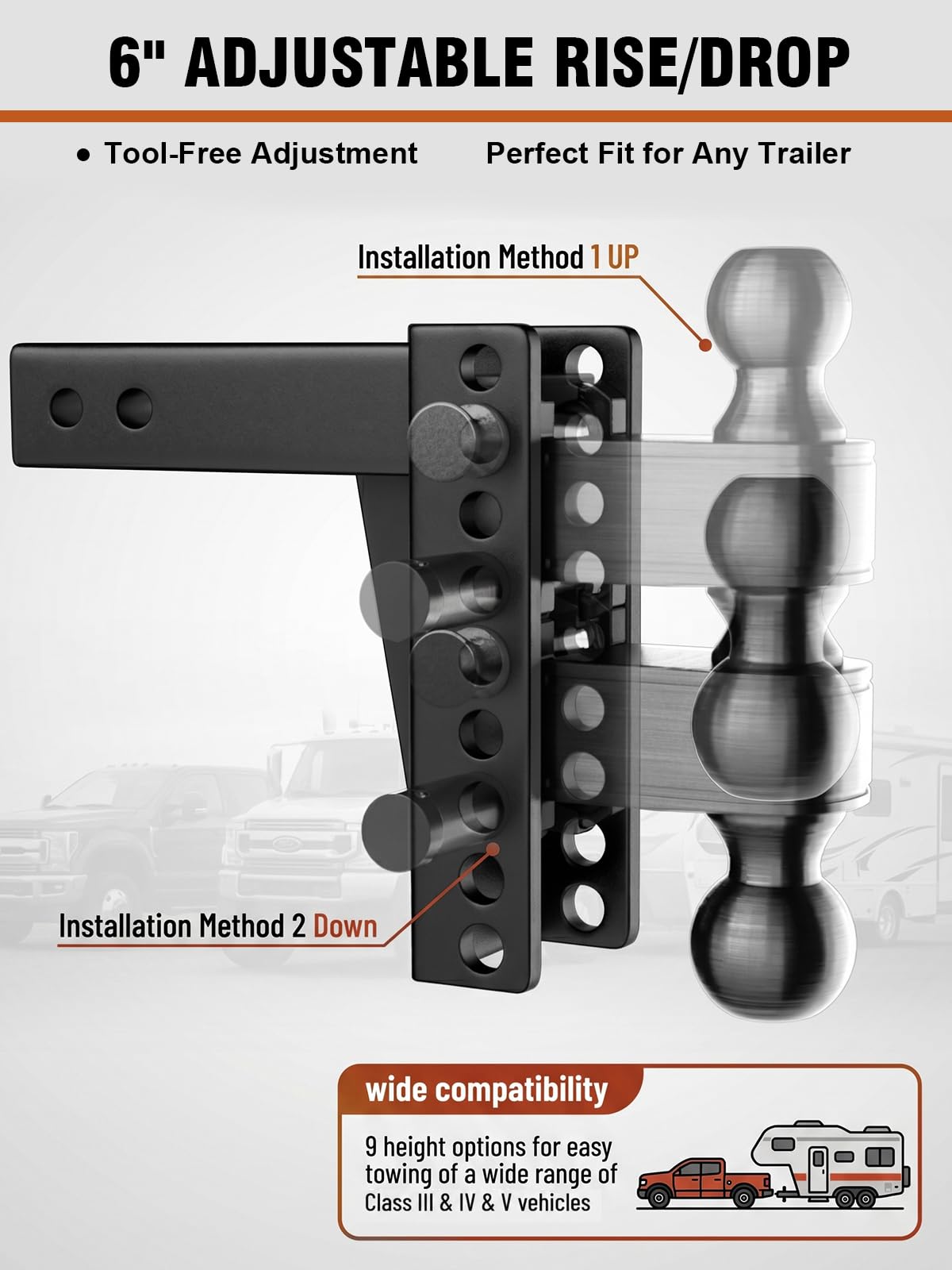 Aquilaplain 2 inch Adjustable Trailer Hitch with 2 Anti-Theft Lock Pins - 6" Rise/Drop, 2'' & 2-5/16'' Ball Hitches 25000 LBS Heavy Duty Towing Ball Mount for RVs, Campers, Boat Trailers