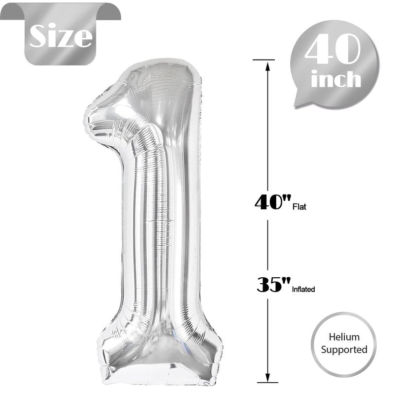 Silver Number 1 Balloon 40 Inch, 1st Birthday Balloon for Baby Boy Girl Toddler First Birthday Decorations, Shiny Silver Party Supplies