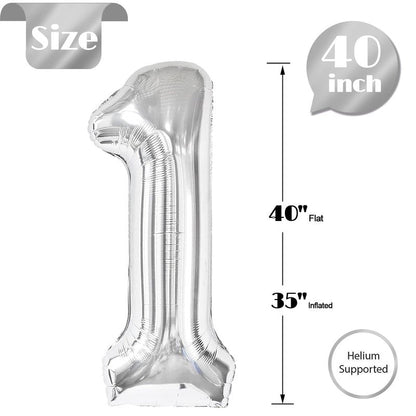 Silver Number 1 Balloon 40 Inch, 1st Birthday Balloon for Baby Boy Girl Toddler First Birthday Decorations, Shiny Silver Party Supplies