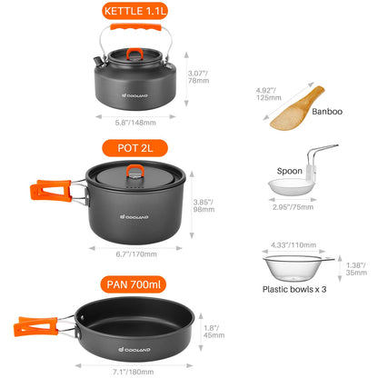 Odoland Bundle - 2 Items 10pcs Camping Cookware and Portable 2 Burner Camping Stove