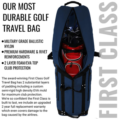 CaddyDaddy First Class Military Grade Ballistic Nylon Travel Cover with EVA Dense Foam Top Padding 2 Year Full Replacement Coverage Self Standing Base XL Wheels Case for Transporting Clubs on Airlines