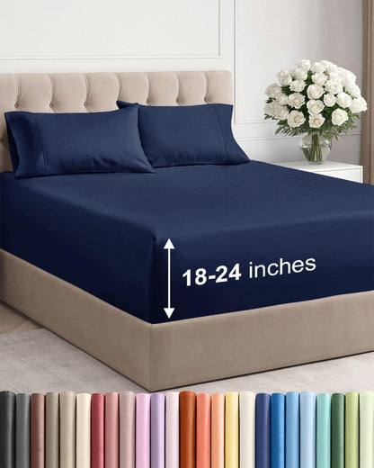 Skiennix Extra Deep Twin Sheet Set - 4-Piece Breathable Cooling Bedding - Soft, Wrinkle-Free Navy Blue