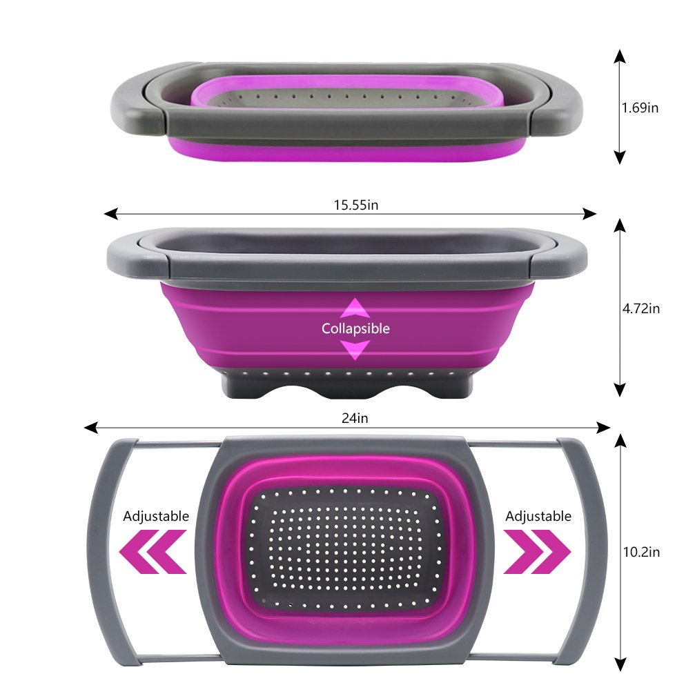 Qimh Colander collapsible, Colander Strainer Over The Sink Vegetable Fruit Strainer Basket (6 Quart) with Extendable Handles, New Kitchen Essentials
