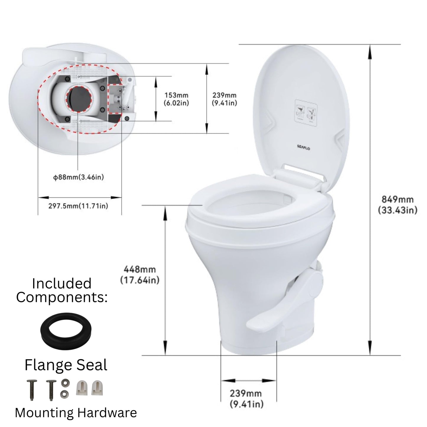 SEAFLO RV Toilet, Residential Height 18.4", Gravity Flush Foot Pedal, Soft Close Seat, Camper Toilet for RV Motorhome Travel Trailer, White, SFRTPH-01-01, 4-Year Warranty