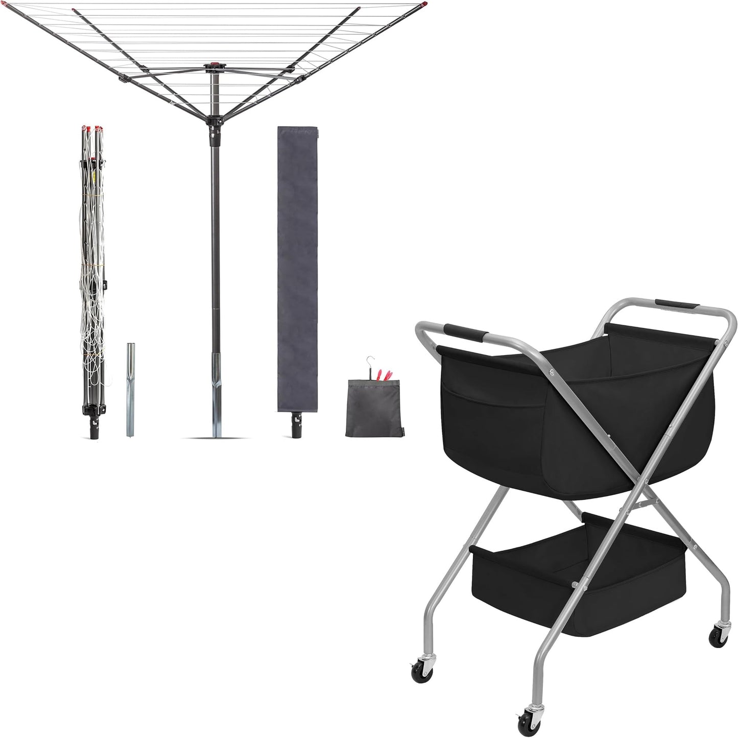STORAGE MANIAC Outdoor Umbrella Drying Rack + 2 Tier Collapsible Laundry Cart