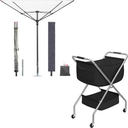 STORAGE MANIAC Outdoor Umbrella Drying Rack + 2 Tier Collapsible Laundry Cart