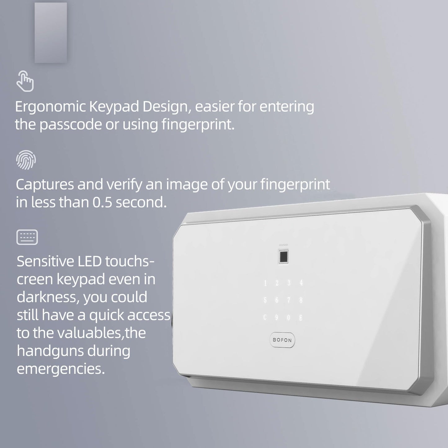 BOFON Fingerprint Password Safe Box, Security Box with Key,Safety Boxes for Home,Cabinets for Office,1.45 Cubic White