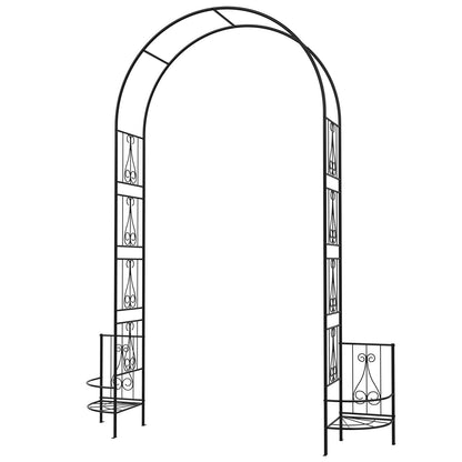 OUSHENG 8FT Metal Garden Arch Trellis with Planter Boxes for Climbing Plants Outdoor, Heavy-Duty Wedding Arch Backdrop Stand for Ceremony, Party, and Garden Decorations, Rust-Resistant Black Pergola