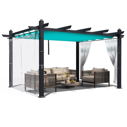 Aluminum Pergola with Retractable Canopy, 10x13 ft Sun Shade, Rust-Resistant Outdoor Pavilion for Patio, Backyard, Deck, Poolside, Waterproof, Grape Trellis, Blue with Curtains and Mosquito Netting