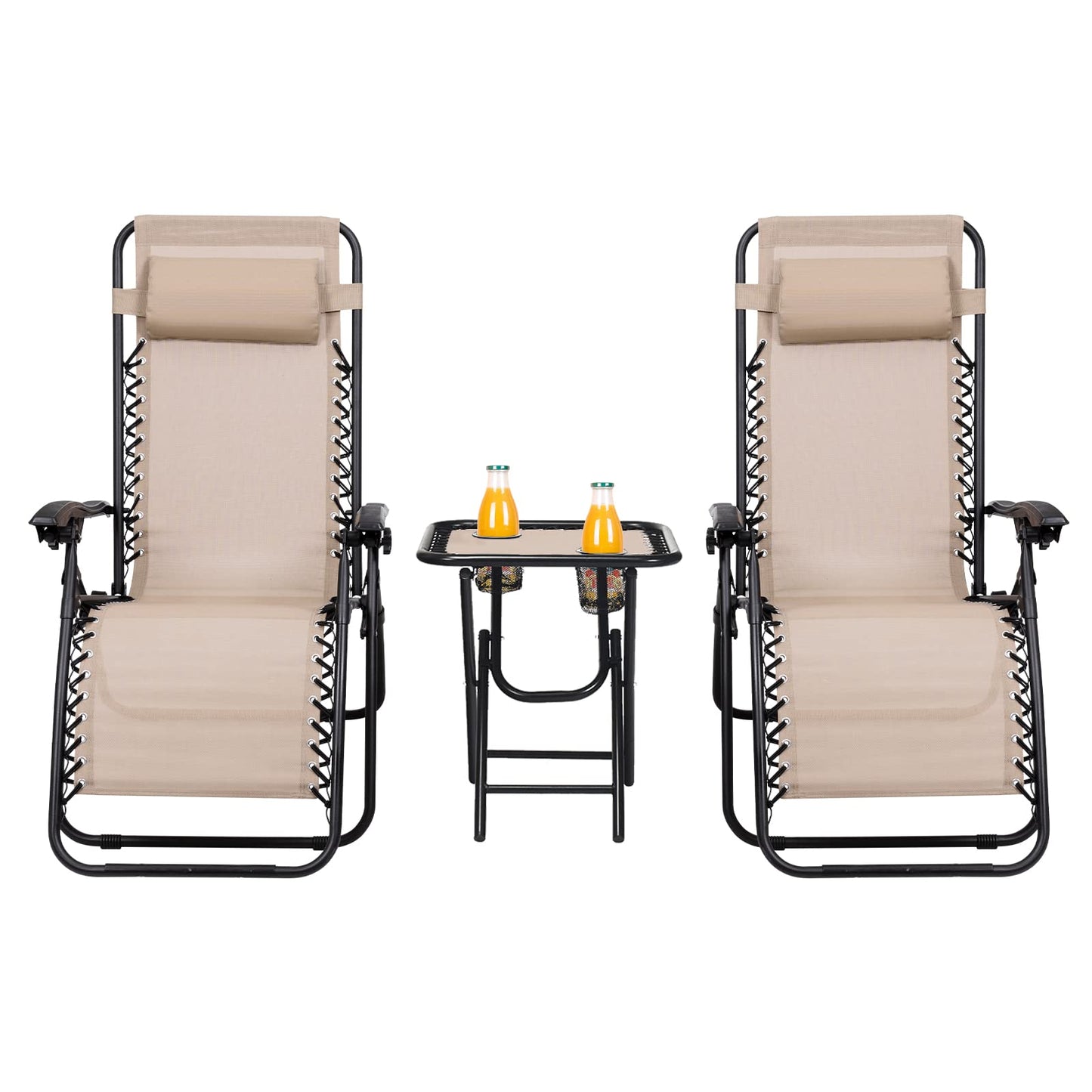 HAPPYGRILL Zero Gravity Lounge Chairs Set with Coffee Table, Folding Reclining Chairs with Side Table and Pillow, 3 Pieces Adjustable Patio Lawn Recliner Set for Outdoor Garden Camp Travel
