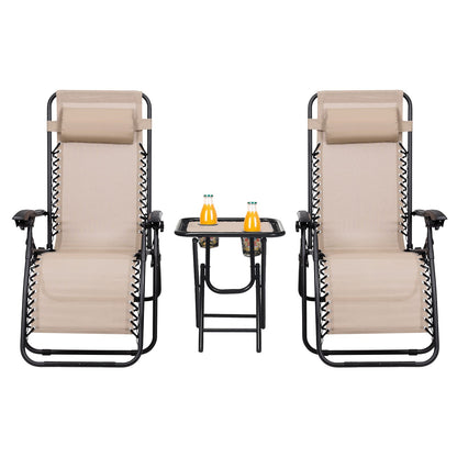 HAPPYGRILL Zero Gravity Lounge Chairs Set with Coffee Table, Folding Reclining Chairs with Side Table and Pillow, 3 Pieces Adjustable Patio Lawn Recliner Set for Outdoor Garden Camp Travel