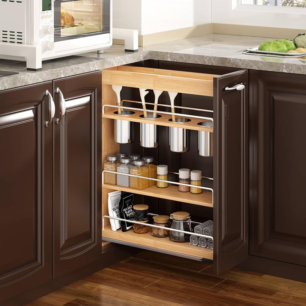 OCG 5" Pull-Out Solid Wood Storage Organizer for Base Cabinets, Soft Close 3 Tier Narrow Pull-out Wooden Storage Rack for Spices, Utensils, and Kitchen Tools