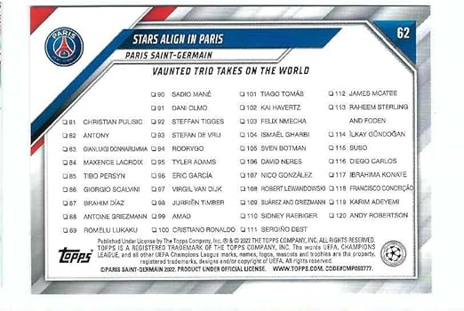 LIONEL MESSI KYLIAN MBAPPE Neymar Jr. 2021-22 Topps UEFA Champions League Soccer Card #62 CL Paris Saint-Germain