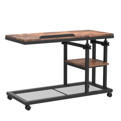 Tribesigns Height Adjustable C Table with Wheels, Mobile Couch Snack Side Table with Tiltable Drawing Board, Sofa Bedside Laptop Stand C Shaped TV Tray with Storage Shelves (Brown)