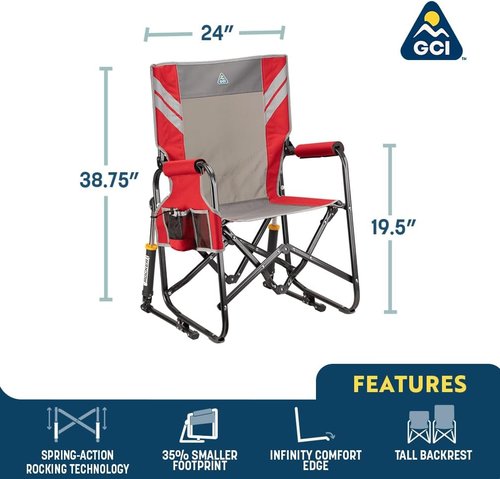 GCI Outdoor Stowaway Rocker - Comfortable Folding Chair in Varsity Red/Gray Color