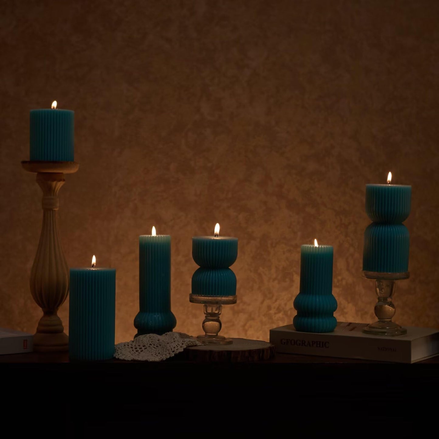 MOZEAL Hand-Poured Pointed Ribbed Soy Pillar Candles Set of 3 - Decorative Turquoise Unscented Dripless Smokeless (4",6",8") 300 Hr Burn - Stylish Wedding Décor